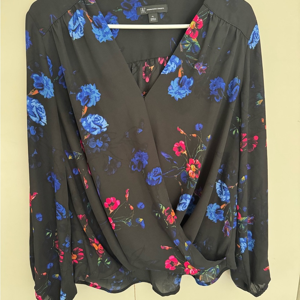 INC International Concepts Black Blouse with Blue and Pink Floral